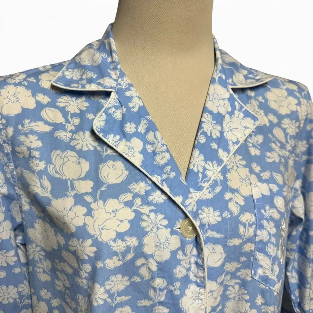 Lauren Ralph Lauren Cotton Button Up Night Shirt Sleep Blue White Floral Medium